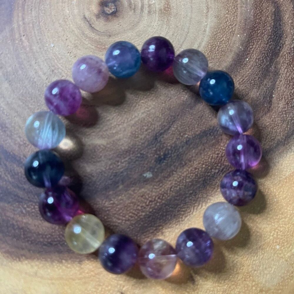 Fluorite bracelet striped layers rainbow colors stretch 12mm 7.5” natural crysta